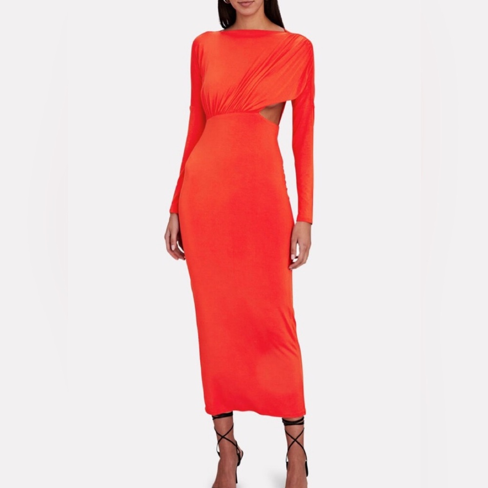 Line by K Persimmon Asymmetrical Side Cutout Long Sleeve Bodycon Maxi Dress